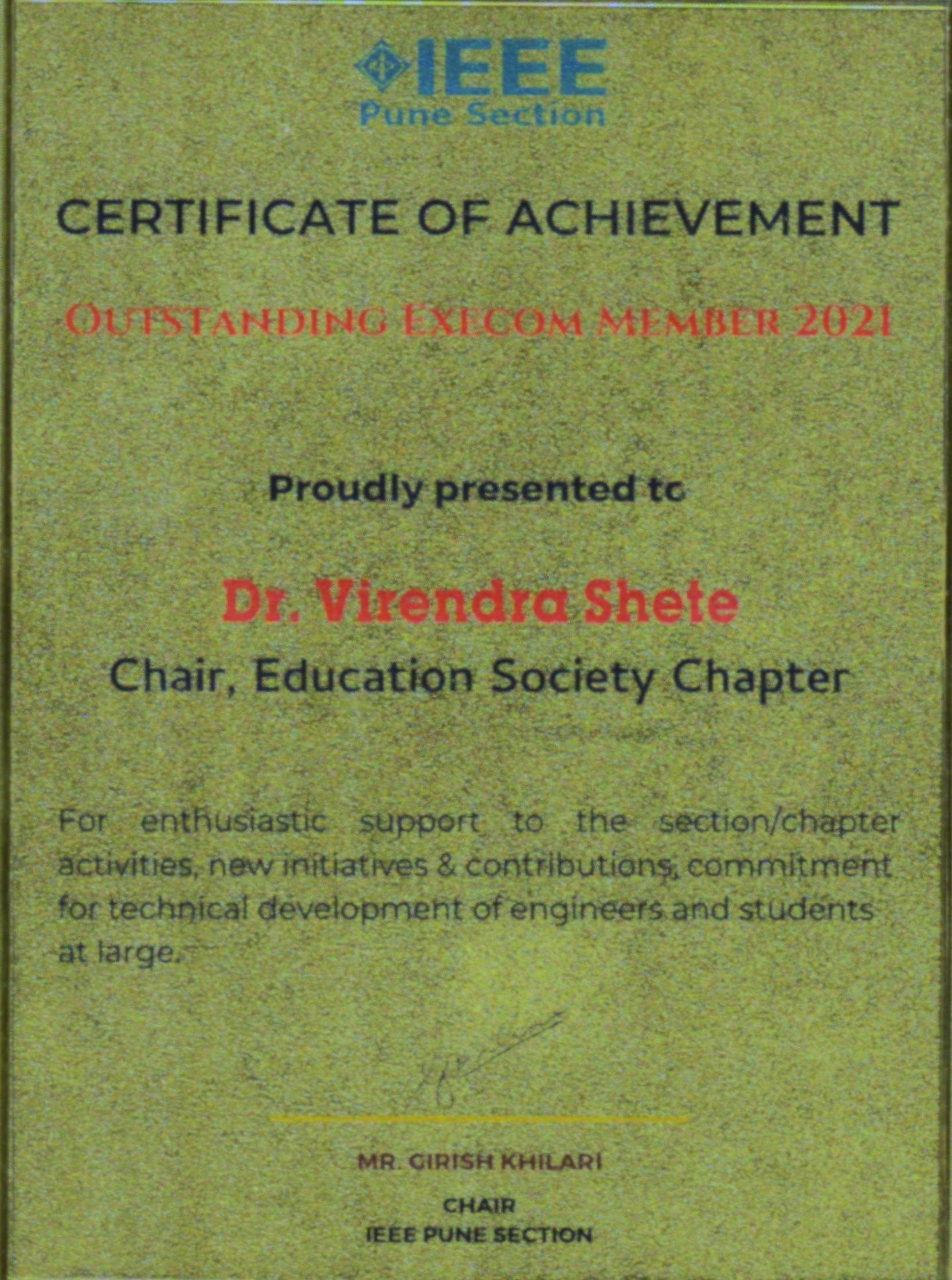 IEEE Certificate of Achievement 2021